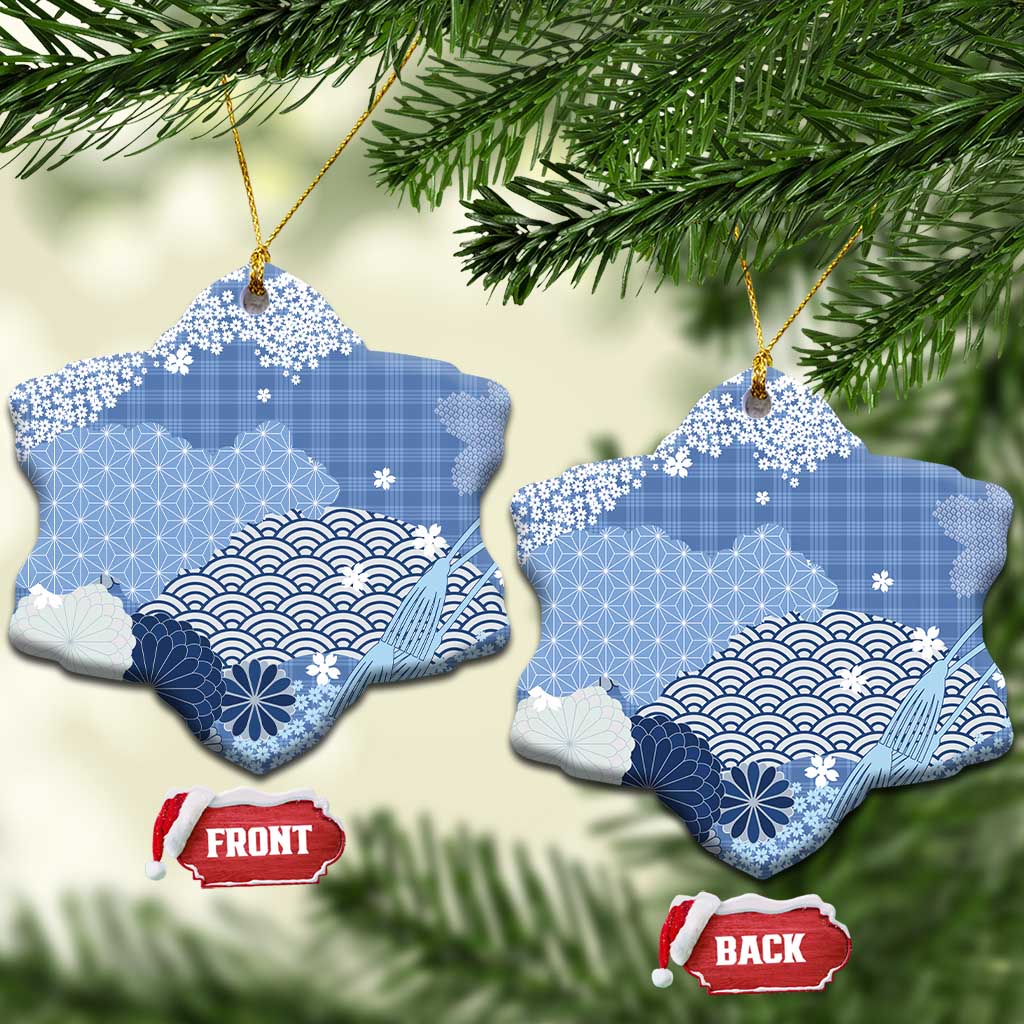 Blue Palaka Japanese Patterns Ceramic Ornament Asanoha Seigaiha Sakura Motif LT14 Snow Flake Blue - Polynesian Pride