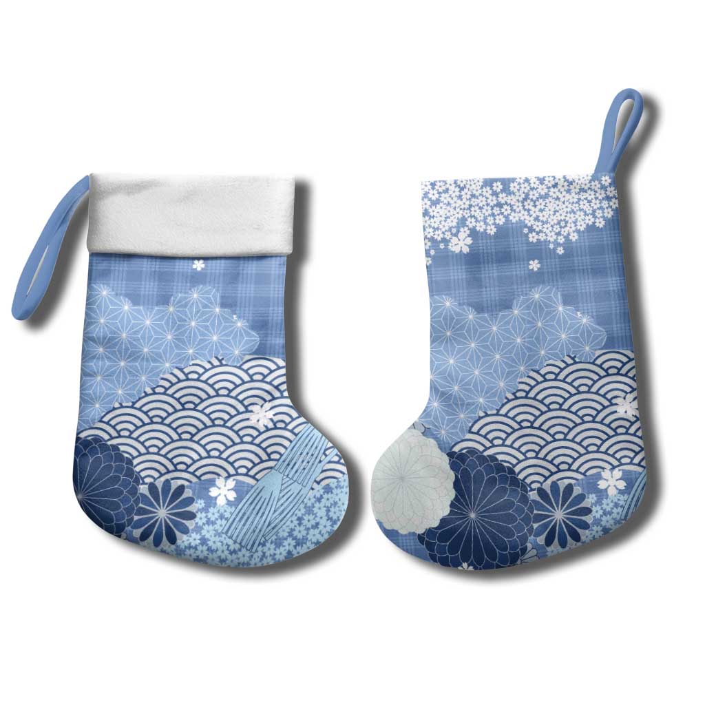 Blue Palaka Japanese Patterns Christmas Stocking Asanoha Seigaiha Sakura Motif - Polynesian Pride