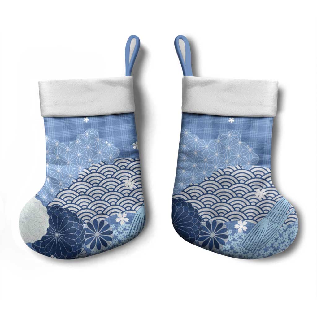 Blue Palaka Japanese Patterns Christmas Stocking Asanoha Seigaiha Sakura Motif - Polynesian Pride