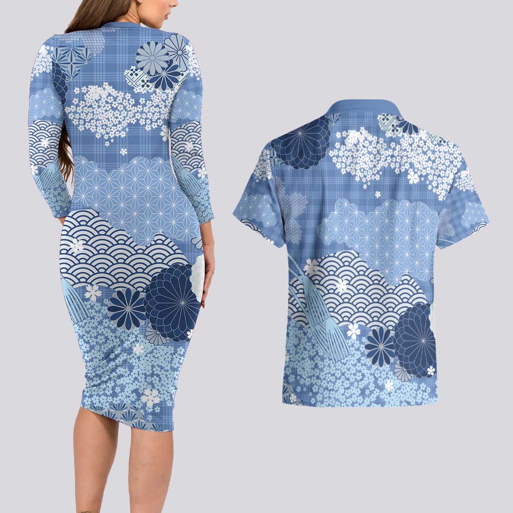 Blue Palaka Japanese Patterns Couples Matching Long Sleeve Bodycon Dress and Hawaiian Shirt Asanoha Seigaiha Sakura Motif - Polynesian Pride