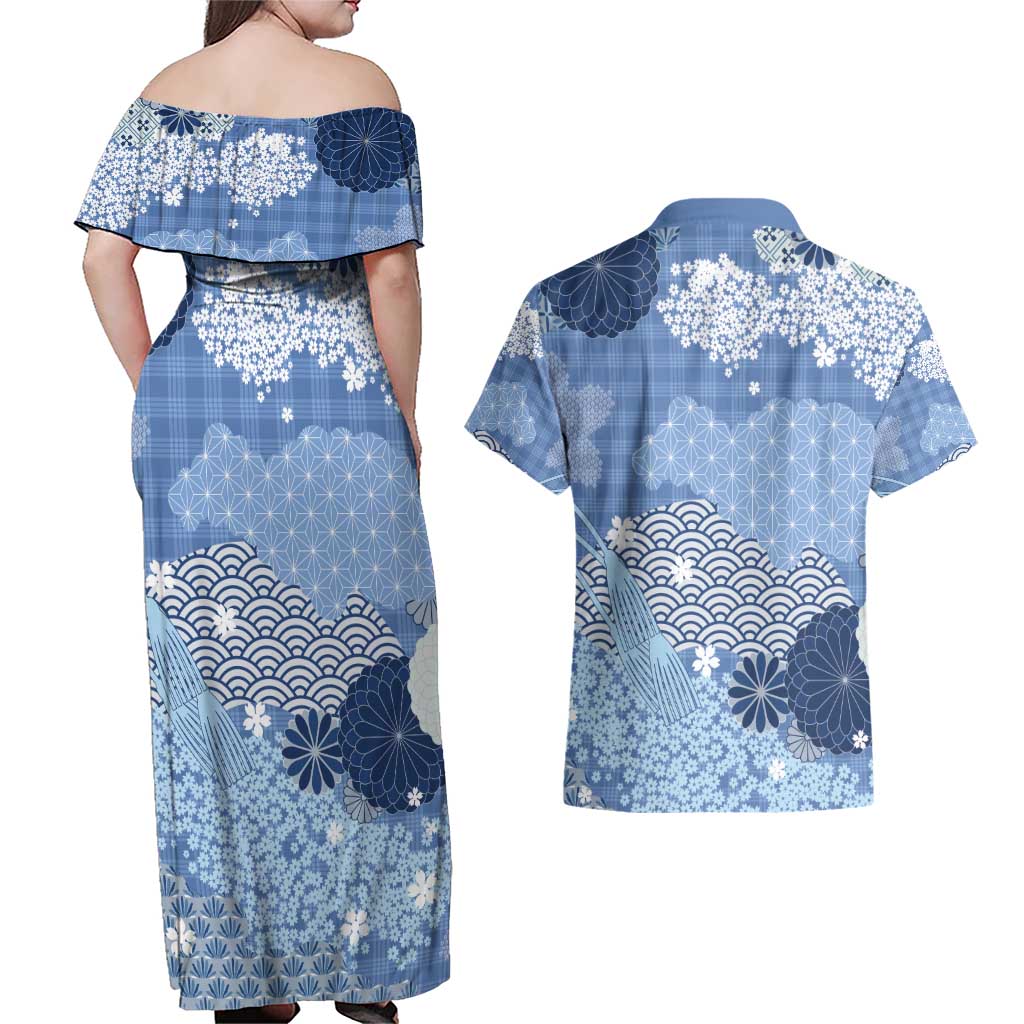 Blue Palaka Japanese Patterns Couples Matching Off Shoulder Maxi Dress and Hawaiian Shirt Asanoha Seigaiha Sakura Motif - Polynesian Pride