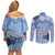 Blue Palaka Japanese Patterns Couples Matching Off Shoulder Short Dress and Long Sleeve Button Shirt Asanoha Seigaiha Sakura Motif - Polynesian Pride