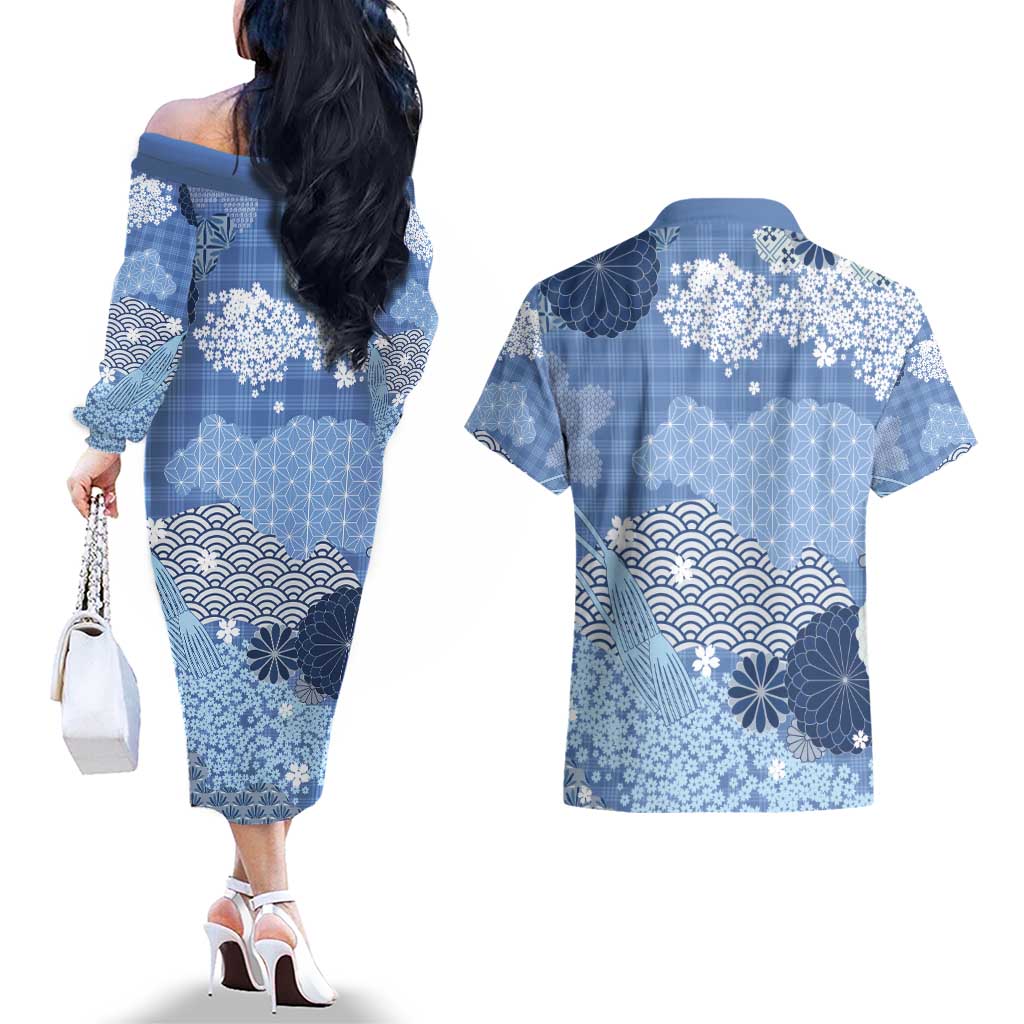 Blue Palaka Japanese Patterns Couples Matching Off The Shoulder Long Sleeve Dress and Hawaiian Shirt Asanoha Seigaiha Sakura Motif - Polynesian Pride