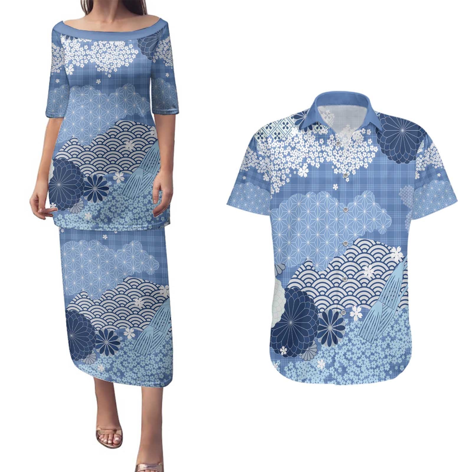 Blue Palaka Japanese Patterns Couples Matching Puletasi and Hawaiian Shirt Asanoha Seigaiha Sakura Motif LT14 Blue - Polynesian Pride