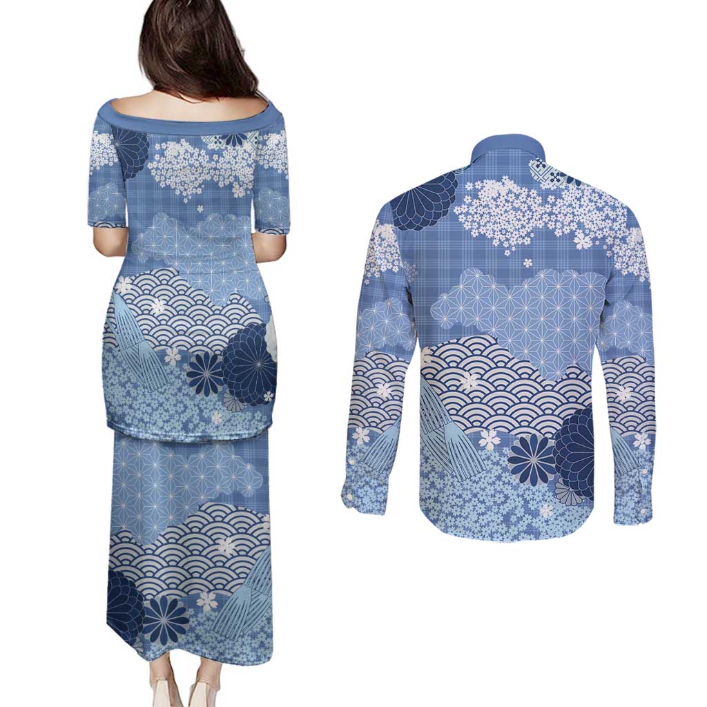 Blue Palaka Japanese Patterns Couples Matching Puletasi and Long Sleeve Button Shirt Asanoha Seigaiha Sakura Motif LT14 - Polynesian Pride