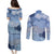 Blue Palaka Japanese Patterns Couples Matching Puletasi and Long Sleeve Button Shirt Asanoha Seigaiha Sakura Motif - Polynesian Pride