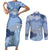 Blue Palaka Japanese Patterns Couples Matching Short Sleeve Bodycon Dress and Long Sleeve Button Shirt Asanoha Seigaiha Sakura Motif - Polynesian Pride