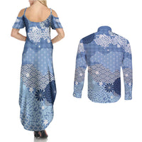 Blue Palaka Japanese Patterns Couples Matching Summer Maxi Dress and Long Sleeve Button Shirt Asanoha Seigaiha Sakura Motif LT14 - Polynesian Pride
