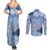 Blue Palaka Japanese Patterns Couples Matching Summer Maxi Dress and Long Sleeve Button Shirt Asanoha Seigaiha Sakura Motif - Polynesian Pride