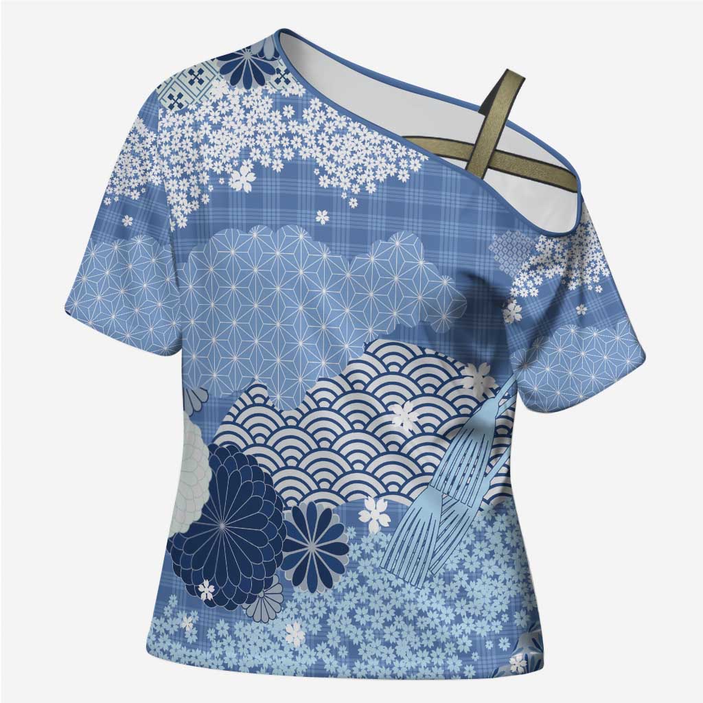 Blue Palaka Japanese Patterns Cross Shoulder Shirt Asanoha Seigaiha Sakura Motif LT14 Female Blue - Polynesian Pride