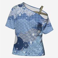 Blue Palaka Japanese Patterns Cross Shoulder Shirt Asanoha Seigaiha Sakura Motif LT14 Female Blue - Polynesian Pride