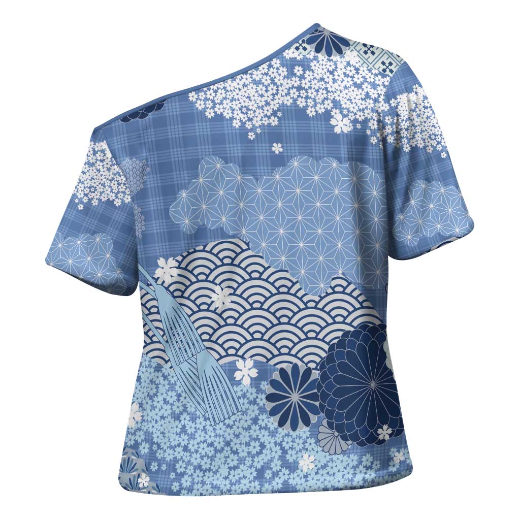 Blue Palaka Japanese Patterns Cross Shoulder Shirt Asanoha Seigaiha Sakura Motif LT14 - Polynesian Pride