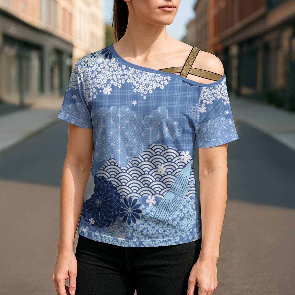 Blue Palaka Japanese Patterns Cross Shoulder Shirt Asanoha Seigaiha Sakura Motif LT14 - Polynesian Pride