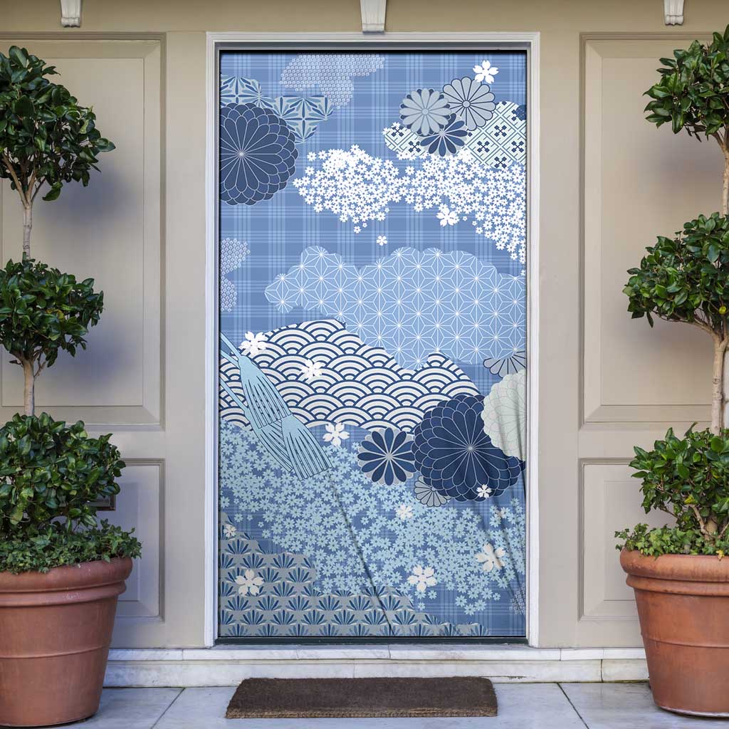 Blue Palaka Japanese Patterns Door Cover Asanoha Seigaiha Sakura Motif - Polynesian Pride