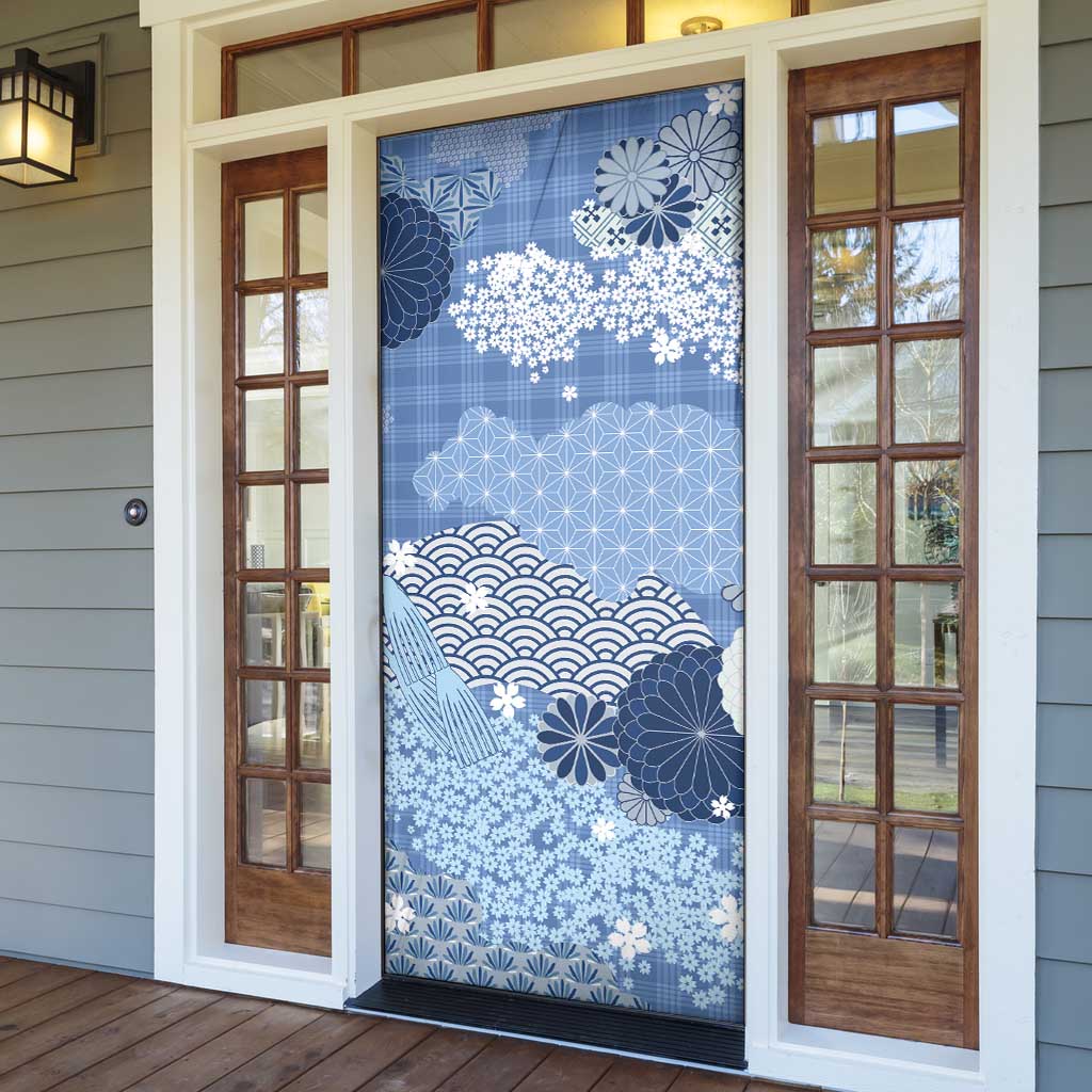 Blue Palaka Japanese Patterns Door Cover Asanoha Seigaiha Sakura Motif - Polynesian Pride