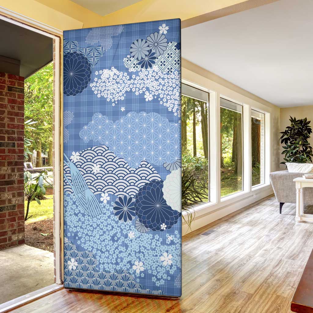 Blue Palaka Japanese Patterns Door Cover Asanoha Seigaiha Sakura Motif - Polynesian Pride