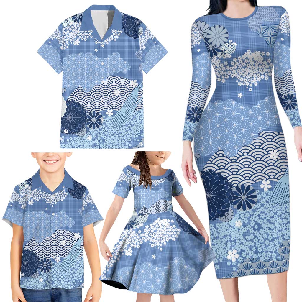 Blue Palaka Japanese Patterns Family Matching Long Sleeve Bodycon Dress and Hawaiian Shirt Asanoha Seigaiha Sakura Motif - Polynesian Pride