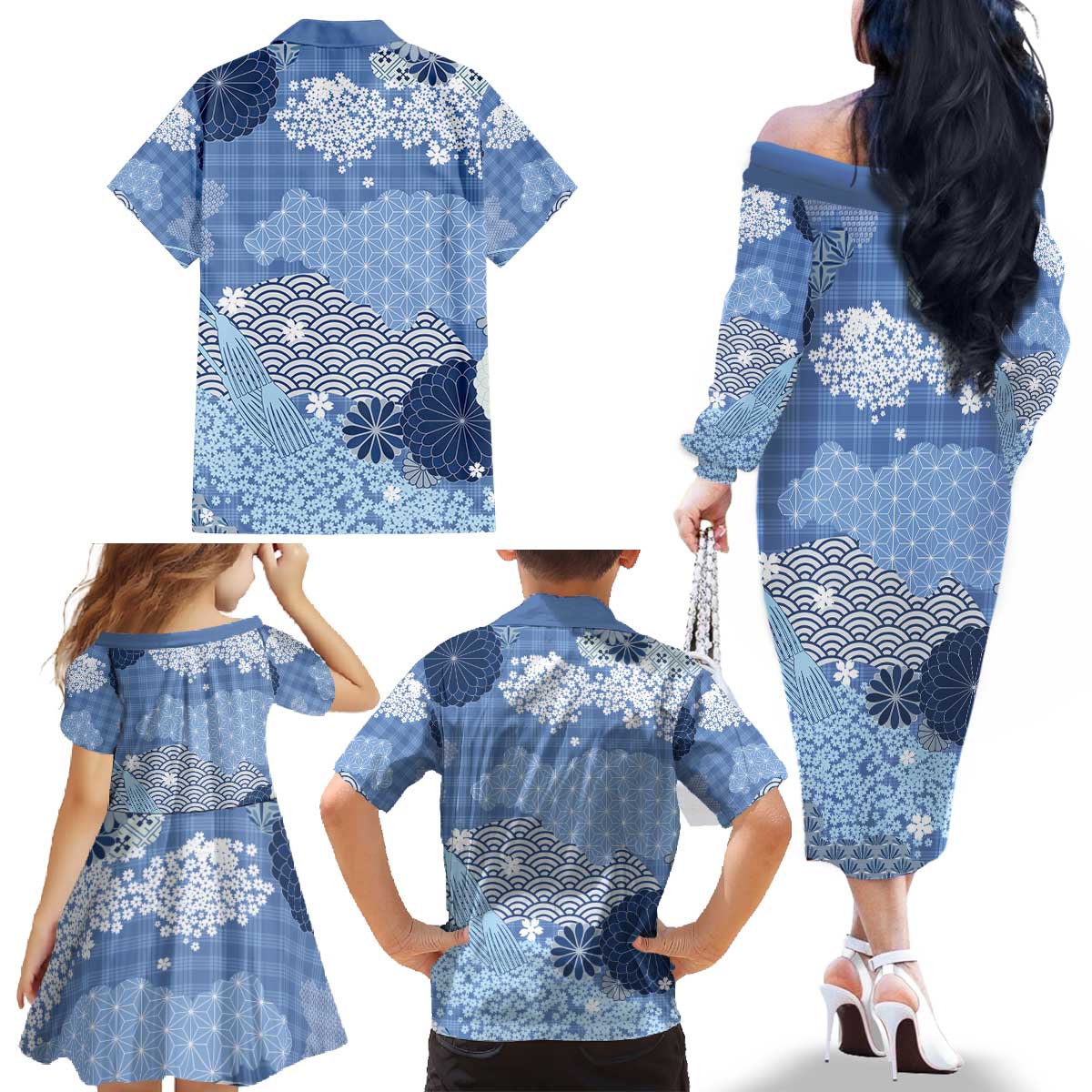 Blue Palaka Japanese Patterns Family Matching Off The Shoulder Long Sleeve Dress and Hawaiian Shirt Asanoha Seigaiha Sakura Motif - Polynesian Pride