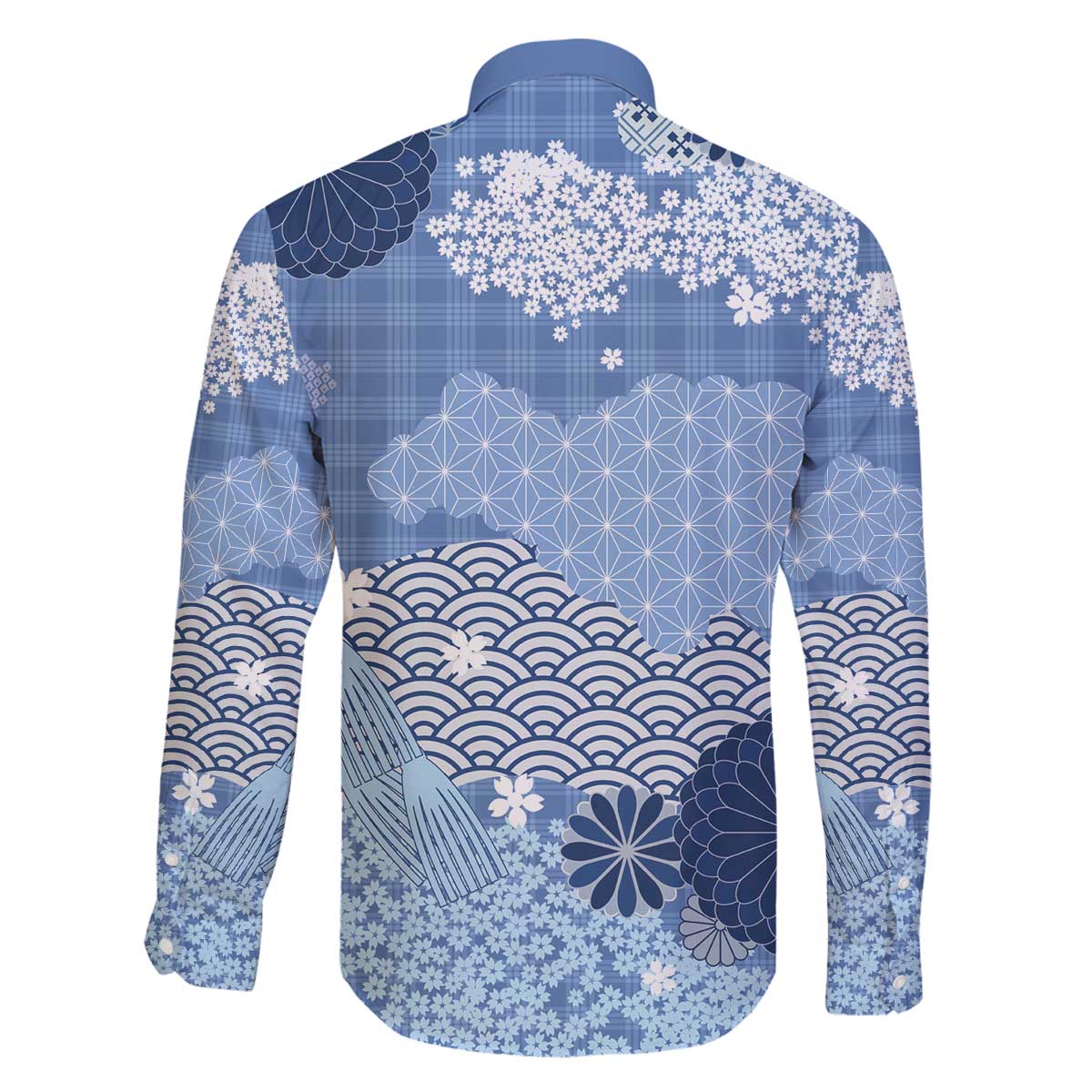 Blue Palaka Japanese Patterns Family Matching Off The Shoulder Long Sleeve Dress and Hawaiian Shirt Asanoha Seigaiha Sakura Motif - Polynesian Pride