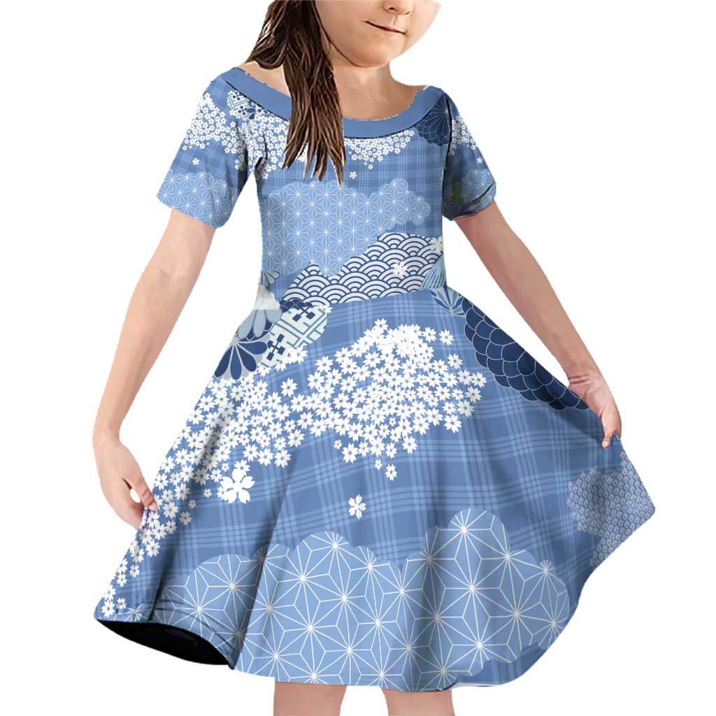 Blue Palaka Japanese Patterns Family Matching Off Shoulder Short Dress and Hawaiian Shirt Asanoha Seigaiha Sakura Motif - Polynesian Pride