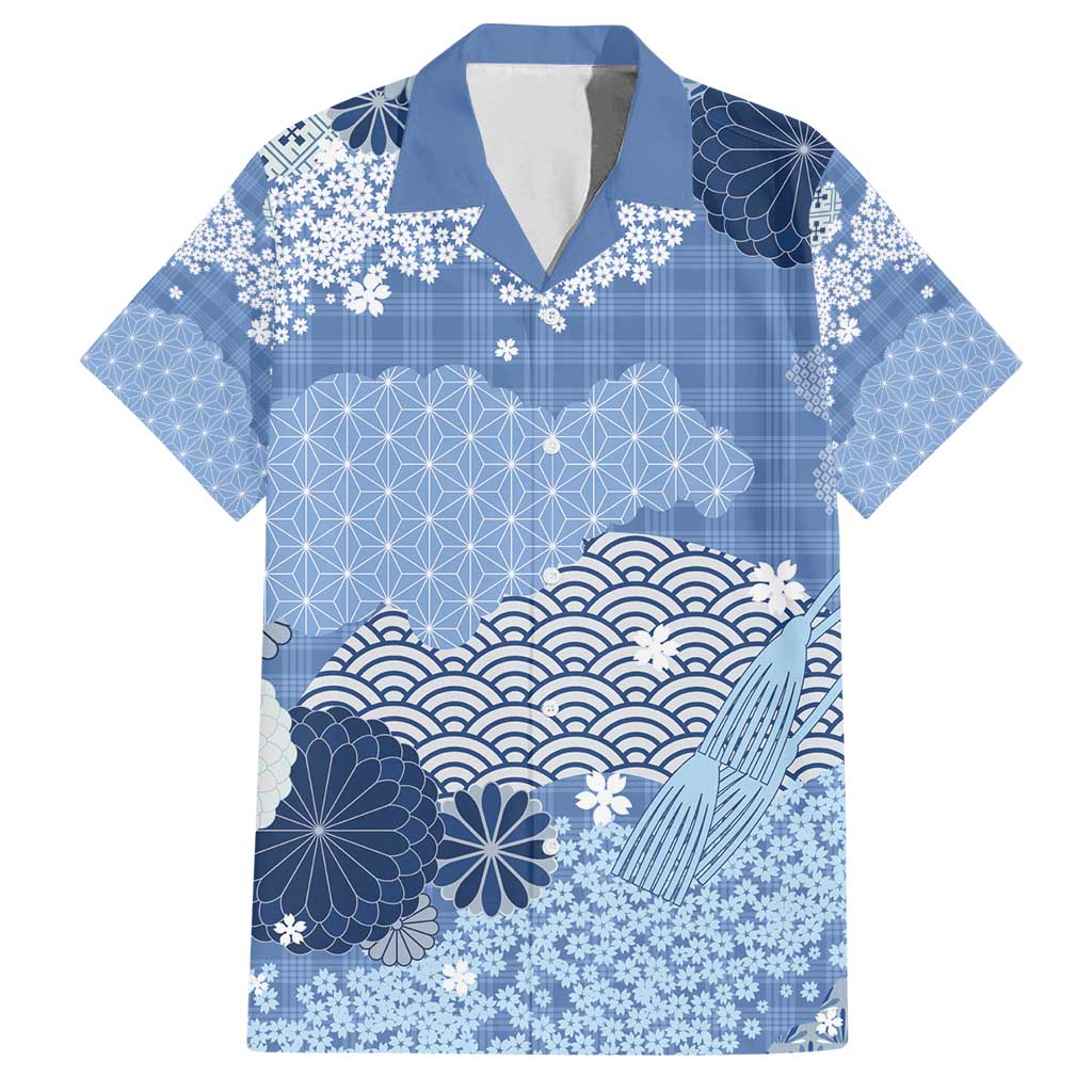 Blue Palaka Japanese Patterns Family Matching Off Shoulder Short Dress and Hawaiian Shirt Asanoha Seigaiha Sakura Motif - Polynesian Pride