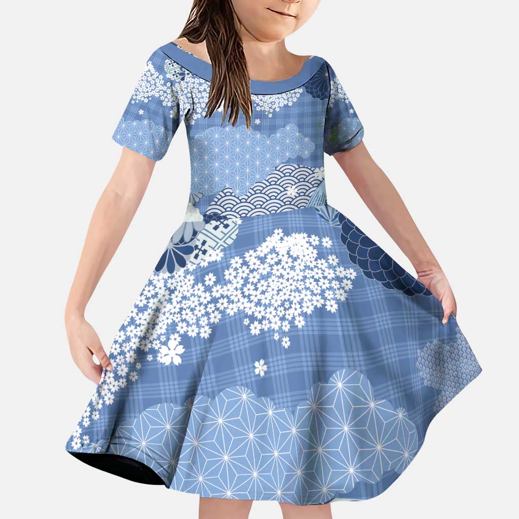 Blue Palaka Japanese Patterns Family Matching Puletasi and Hawaiian Shirt Asanoha Seigaiha Sakura Motif LT14 Daughter's Dress Blue - Polynesian Pride