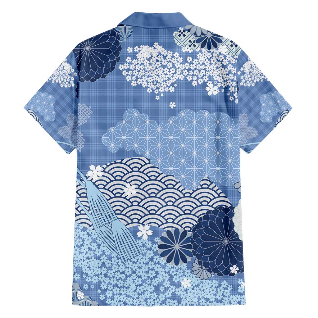 Blue Palaka Japanese Patterns Family Matching Puletasi and Hawaiian Shirt Asanoha Seigaiha Sakura Motif LT14 - Polynesian Pride