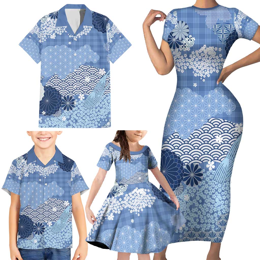 Blue Palaka Japanese Patterns Family Matching Short Sleeve Bodycon Dress and Hawaiian Shirt Asanoha Seigaiha Sakura Motif - Polynesian Pride