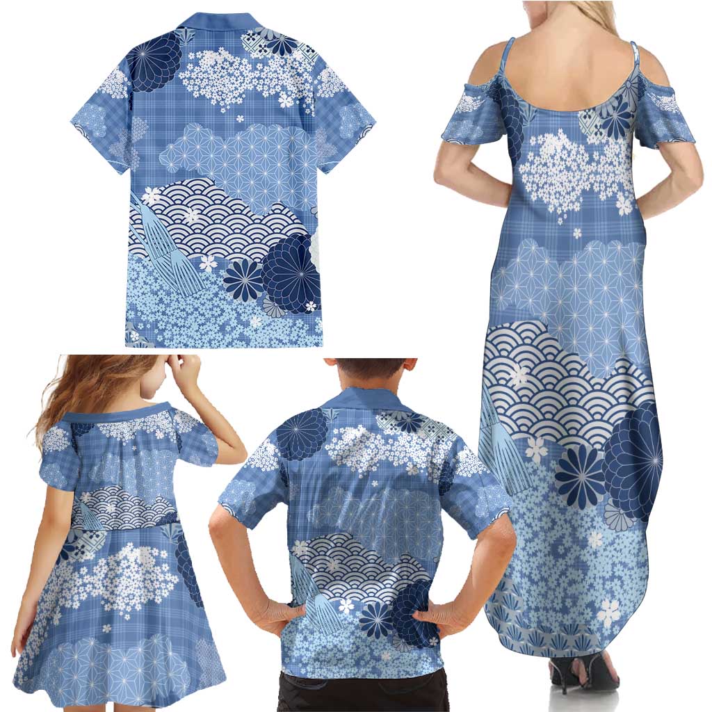 Blue Palaka Japanese Patterns Family Matching Summer Maxi Dress and Hawaiian Shirt Asanoha Seigaiha Sakura Motif - Polynesian Pride