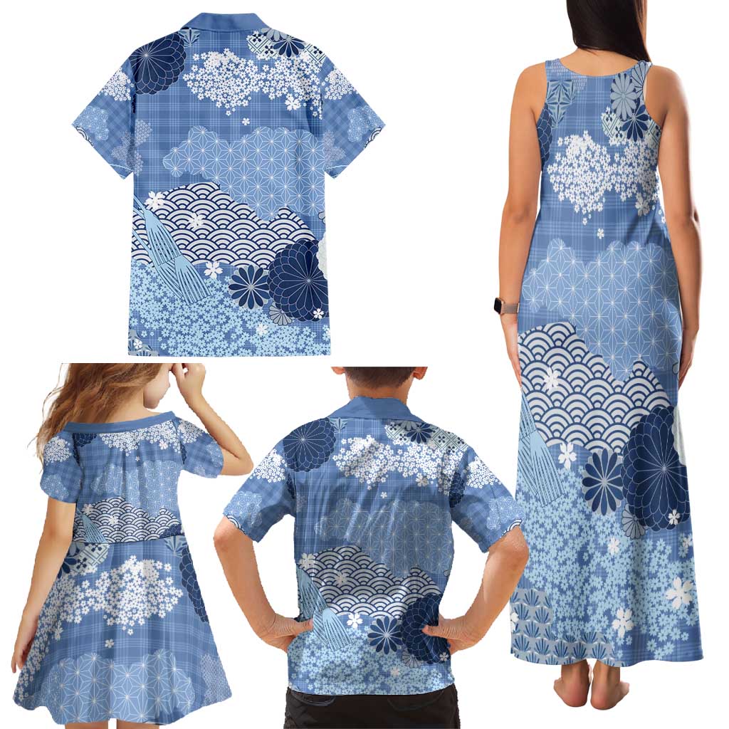 Blue Palaka Japanese Patterns Family Matching Tank Maxi Dress and Hawaiian Shirt Asanoha Seigaiha Sakura Motif - Polynesian Pride