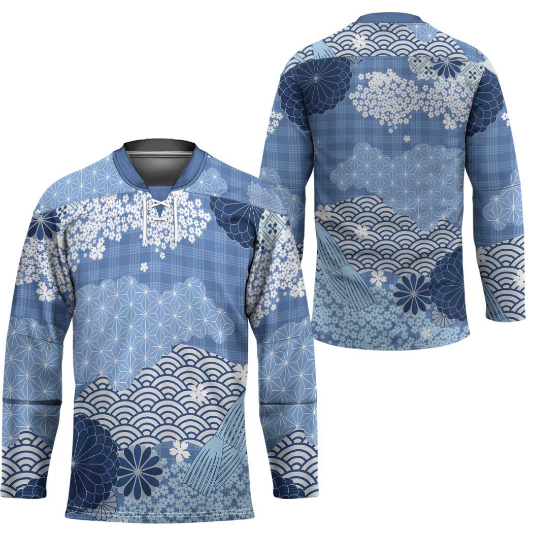 Blue Palaka Japanese Patterns Hockey Jersey Asanoha Seigaiha Sakura Motif - Polynesian Pride