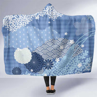 Blue Palaka Japanese Patterns Hooded Blanket Asanoha Seigaiha Sakura Motif - Polynesian Pride
