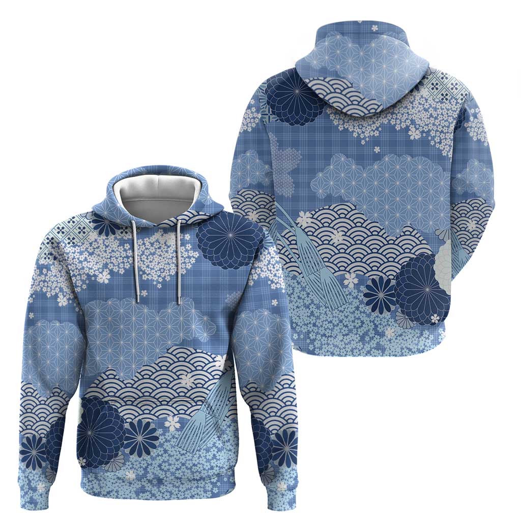 Blue Palaka Japanese Patterns Hoodie Asanoha Seigaiha Sakura Motif - Polynesian Pride