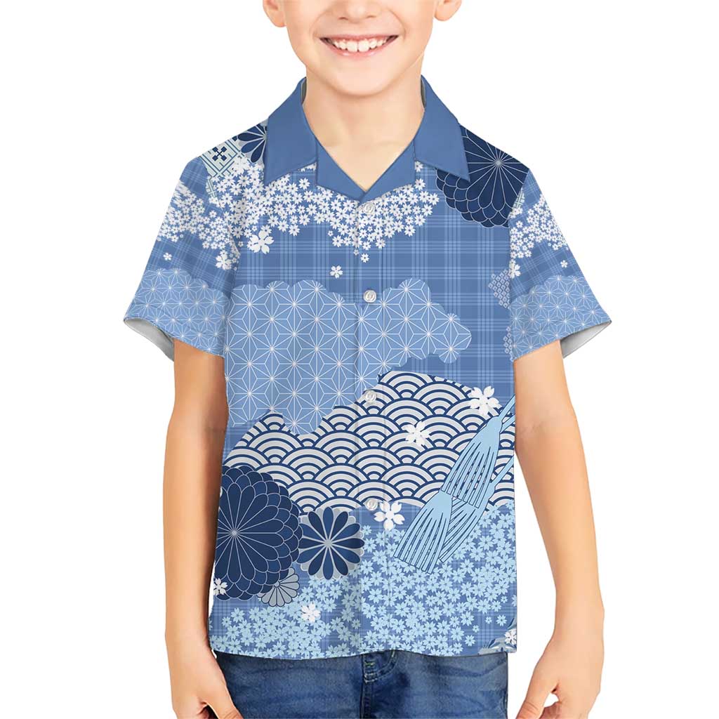 Blue Palaka Japanese Patterns Kid Hawaiian Shirt Asanoha Seigaiha Sakura Motif - Polynesian Pride