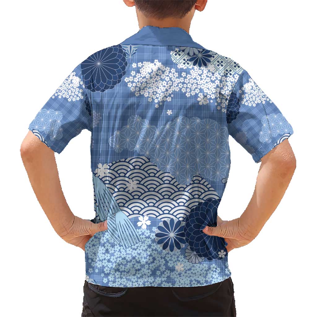 Blue Palaka Japanese Patterns Kid Hawaiian Shirt Asanoha Seigaiha Sakura Motif - Polynesian Pride