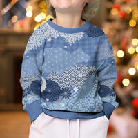 Blue Palaka Japanese Patterns Kid Ugly Christmas Sweater Asanoha Seigaiha Sakura Motif - Polynesian Pride
