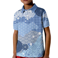 Blue Palaka Japanese Patterns Kid Polo Shirt Asanoha Seigaiha Sakura Motif - Polynesian Pride