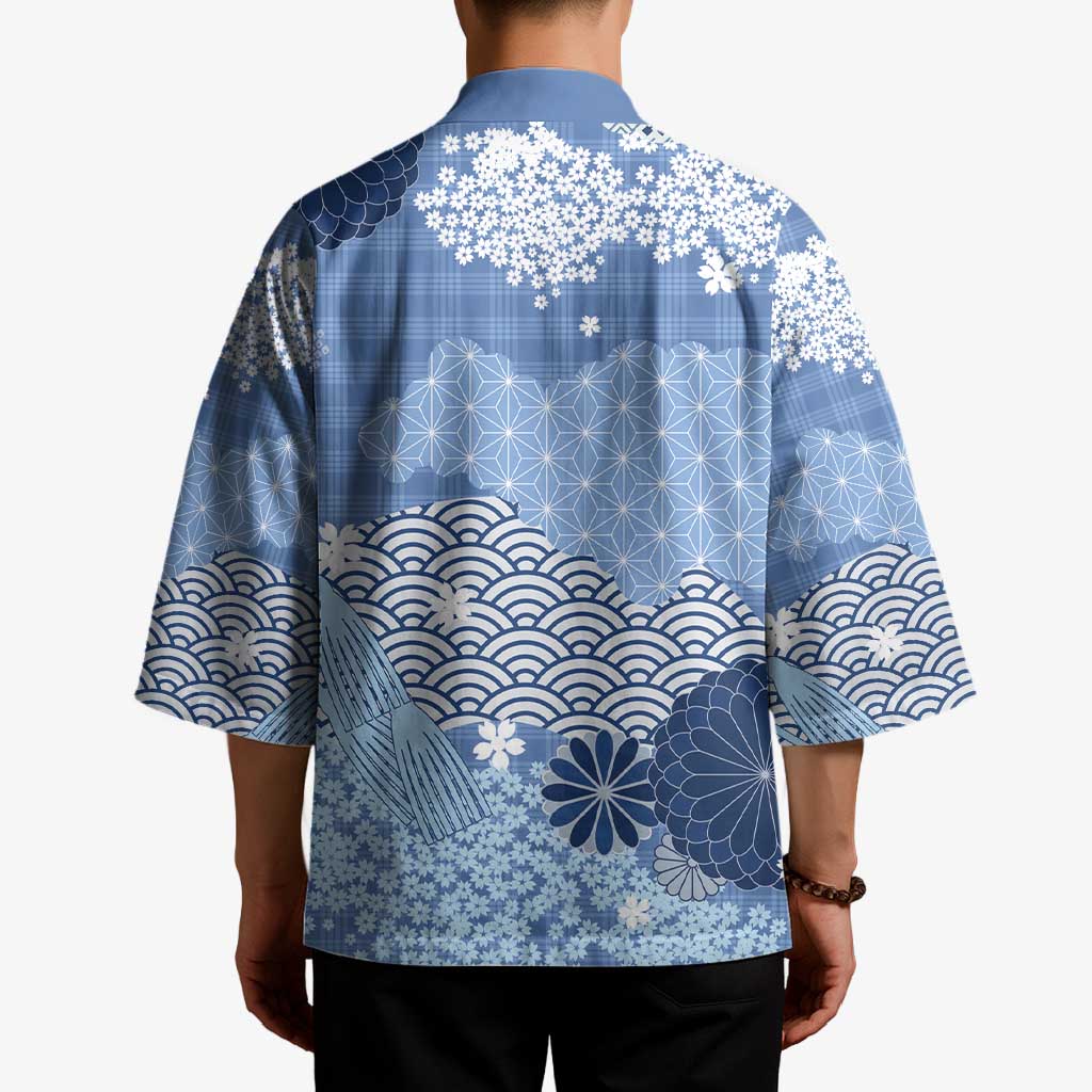 Blue Palaka Japanese Patterns Kimono Asanoha Seigaiha Sakura Motif - Polynesian Pride