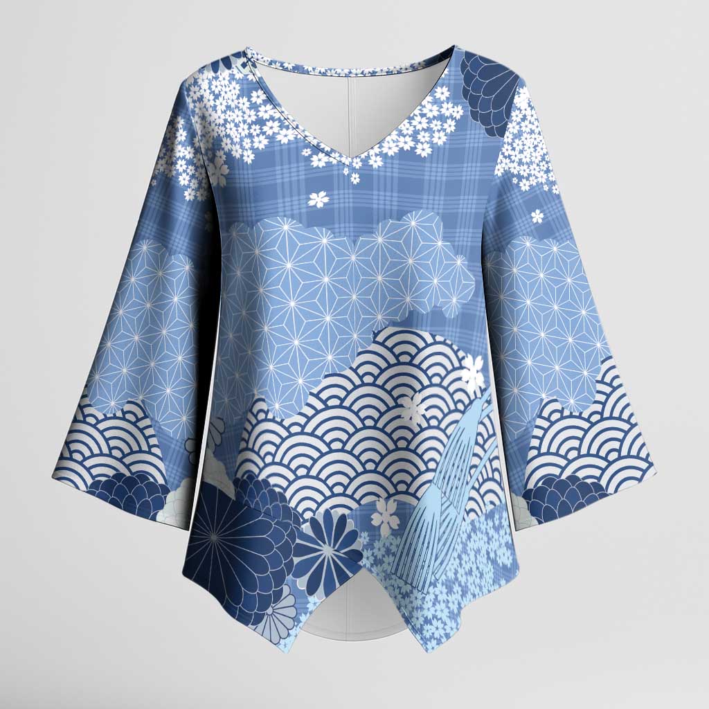 Blue Palaka Japanese Patterns Kimono Sleeve Blouse Asanoha Seigaiha Sakura Motif LT14 Female Blue - Polynesian Pride