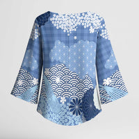 Blue Palaka Japanese Patterns Kimono Sleeve Blouse Asanoha Seigaiha Sakura Motif LT14 - Polynesian Pride