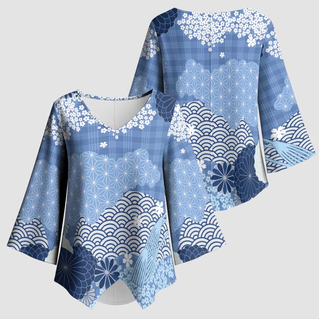 Blue Palaka Japanese Patterns Kimono Sleeve Blouse Asanoha Seigaiha Sakura Motif LT14 - Polynesian Pride