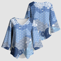 Blue Palaka Japanese Patterns Kimono Sleeve Blouse Asanoha Seigaiha Sakura Motif LT14 - Polynesian Pride