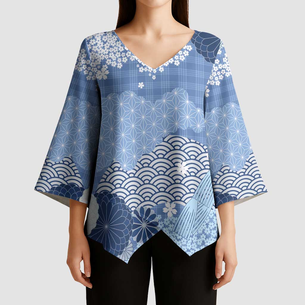 Blue Palaka Japanese Patterns Kimono Sleeve Blouse Asanoha Seigaiha Sakura Motif LT14 - Polynesian Pride