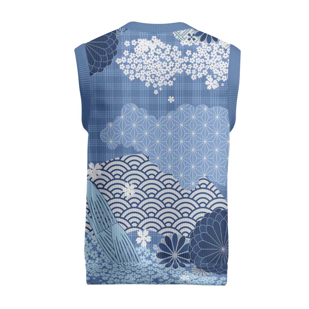 Blue Palaka Japanese Patterns Christmas Knitted V-Neck Vest Asanoha Seigaiha Sakura Motif LT14 - Polynesian Pride