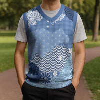Blue Palaka Japanese Patterns Christmas Knitted V-Neck Vest Asanoha Seigaiha Sakura Motif LT14 - Polynesian Pride