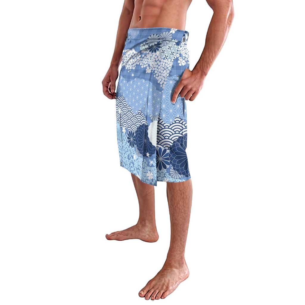 Blue Palaka Japanese Patterns Lavalava Asanoha Seigaiha Sakura Motif - Polynesian Pride