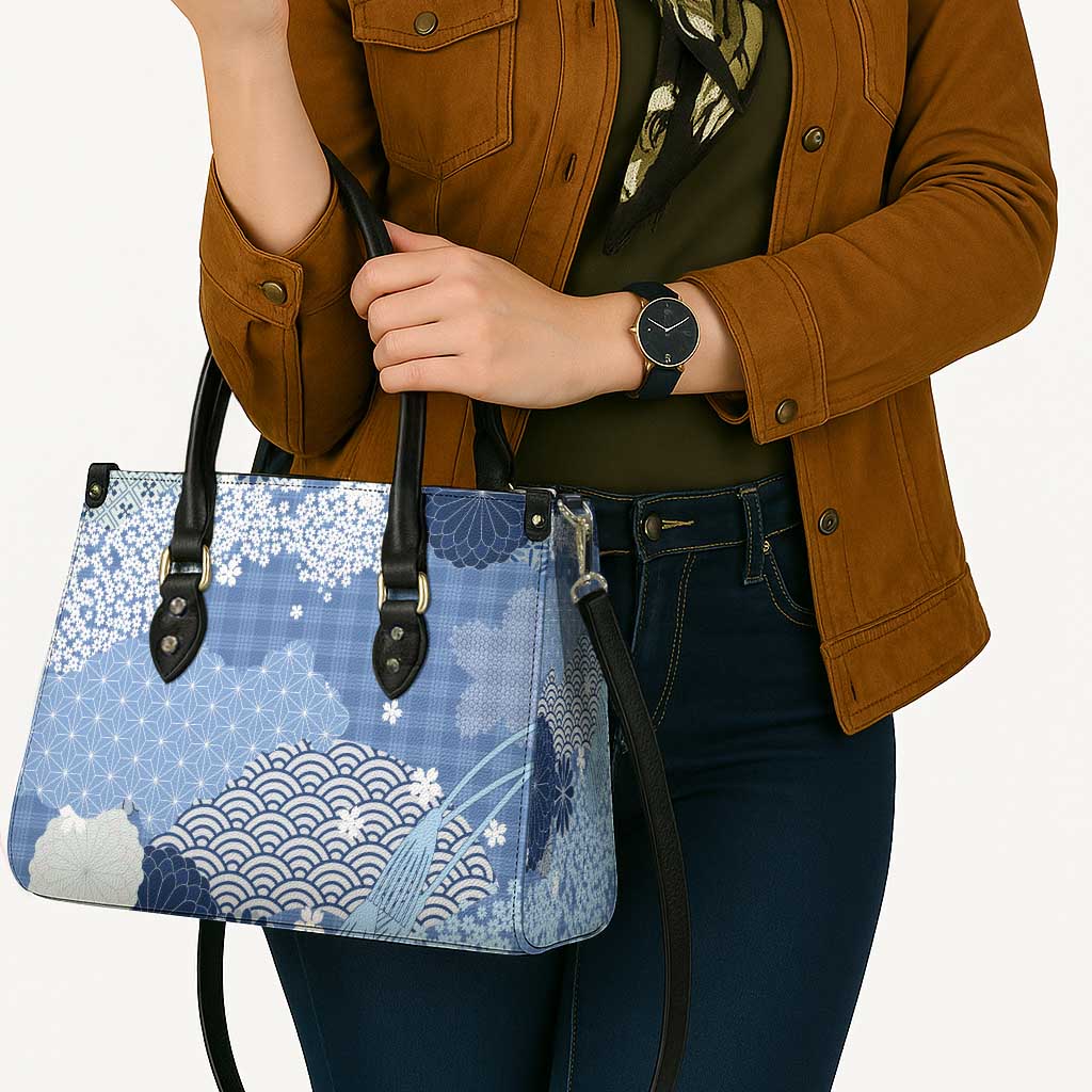 Blue Palaka Japanese Patterns Leather Bag Asanoha Seigaiha Sakura Motif - Polynesian Pride