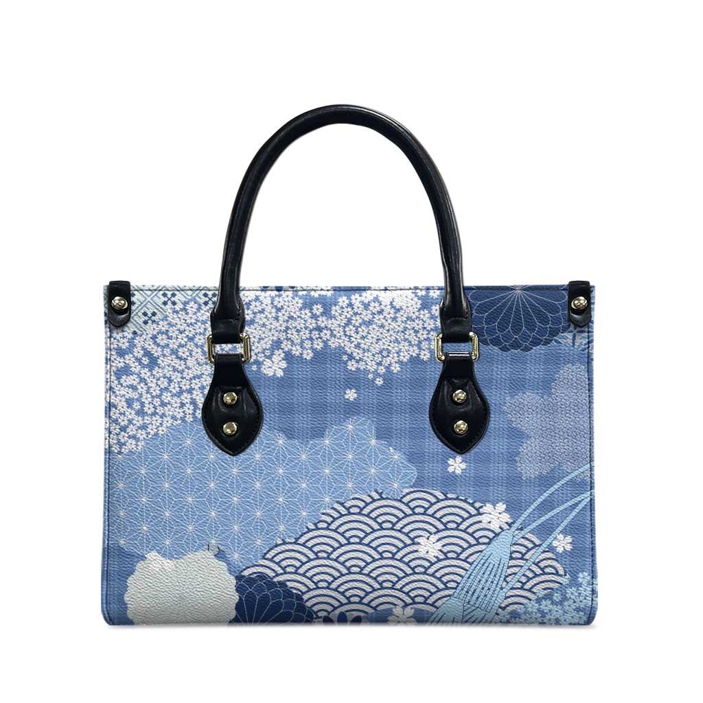 Blue Palaka Japanese Patterns Leather Bag Asanoha Seigaiha Sakura Motif - Polynesian Pride