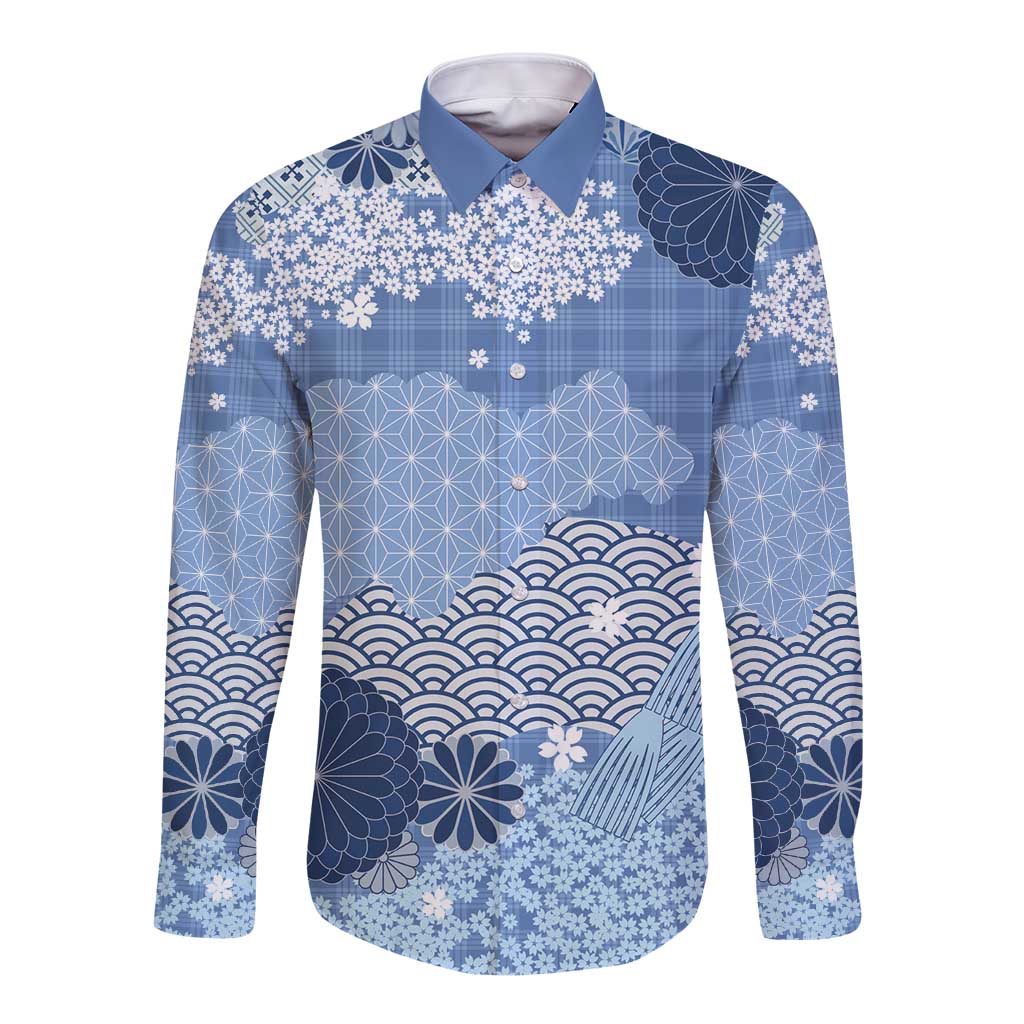 Blue Palaka Japanese Patterns Long Sleeve Button Shirt Asanoha Seigaiha Sakura Motif LT14 Unisex Blue - Polynesian Pride