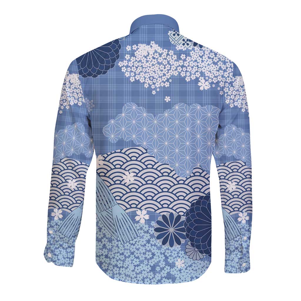 Blue Palaka Japanese Patterns Long Sleeve Button Shirt Asanoha Seigaiha Sakura Motif LT14 - Polynesian Pride